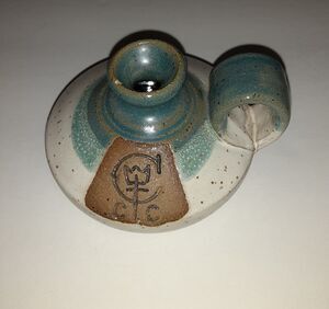 CCC Pottery Stoneware Chambermaid Candle Holder Sea Blues Artist signed 3"